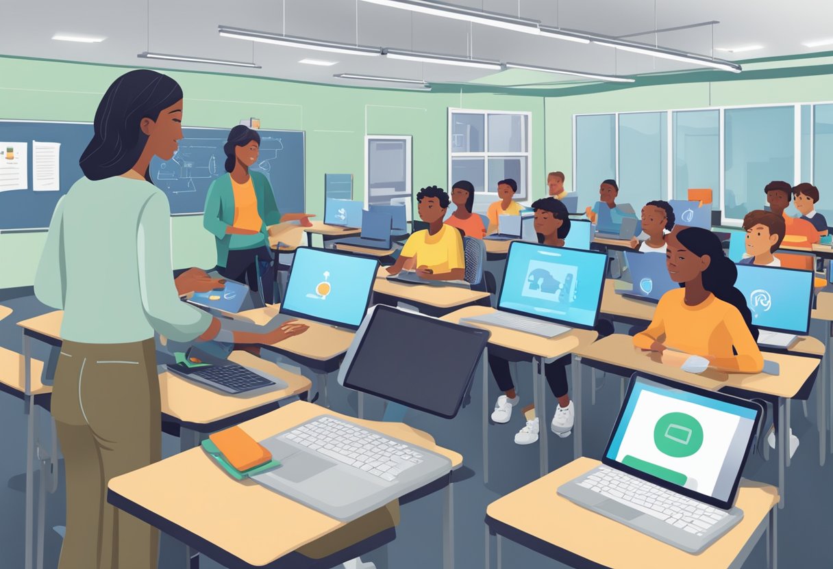 Case Studies: Successful AI Integration in Schools Worldwide AI Integration,schools LearningMole A classroom setting with students interacting with AI tools on tablets and computers, while a teacher oversees the integration