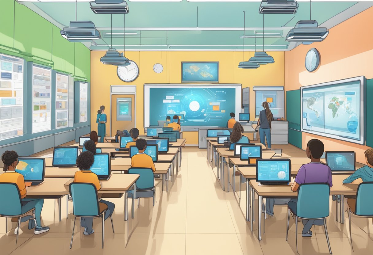 The Economic Impacts of AI in Education: Transforming Learning AI in Education,student LearningMole A futuristic classroom filled with AI-powered learning tools and interactive digital displays