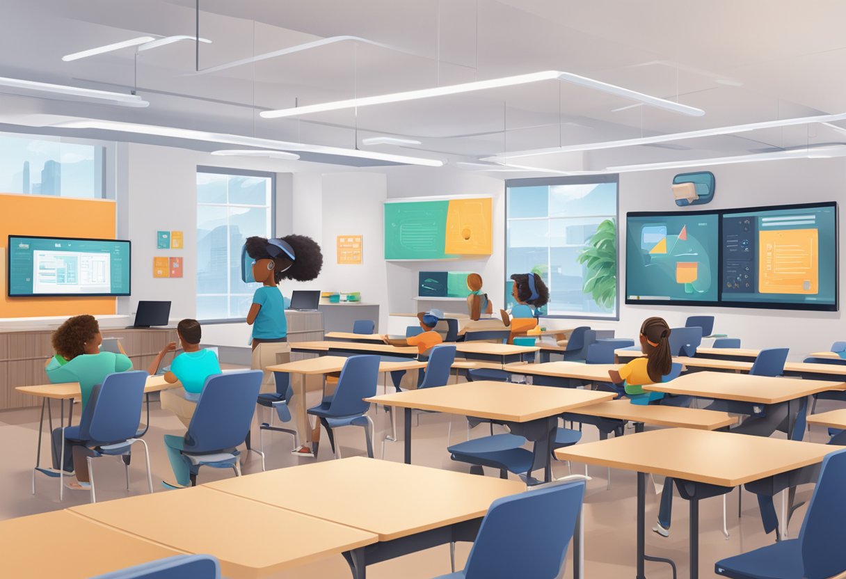 The Economic Impacts of AI in Education: Transforming Learning AI in Education,student LearningMole A classroom setting with AI technology integrated into the learning environment, such as interactive screens, virtual reality headsets, and personalized learning programs
