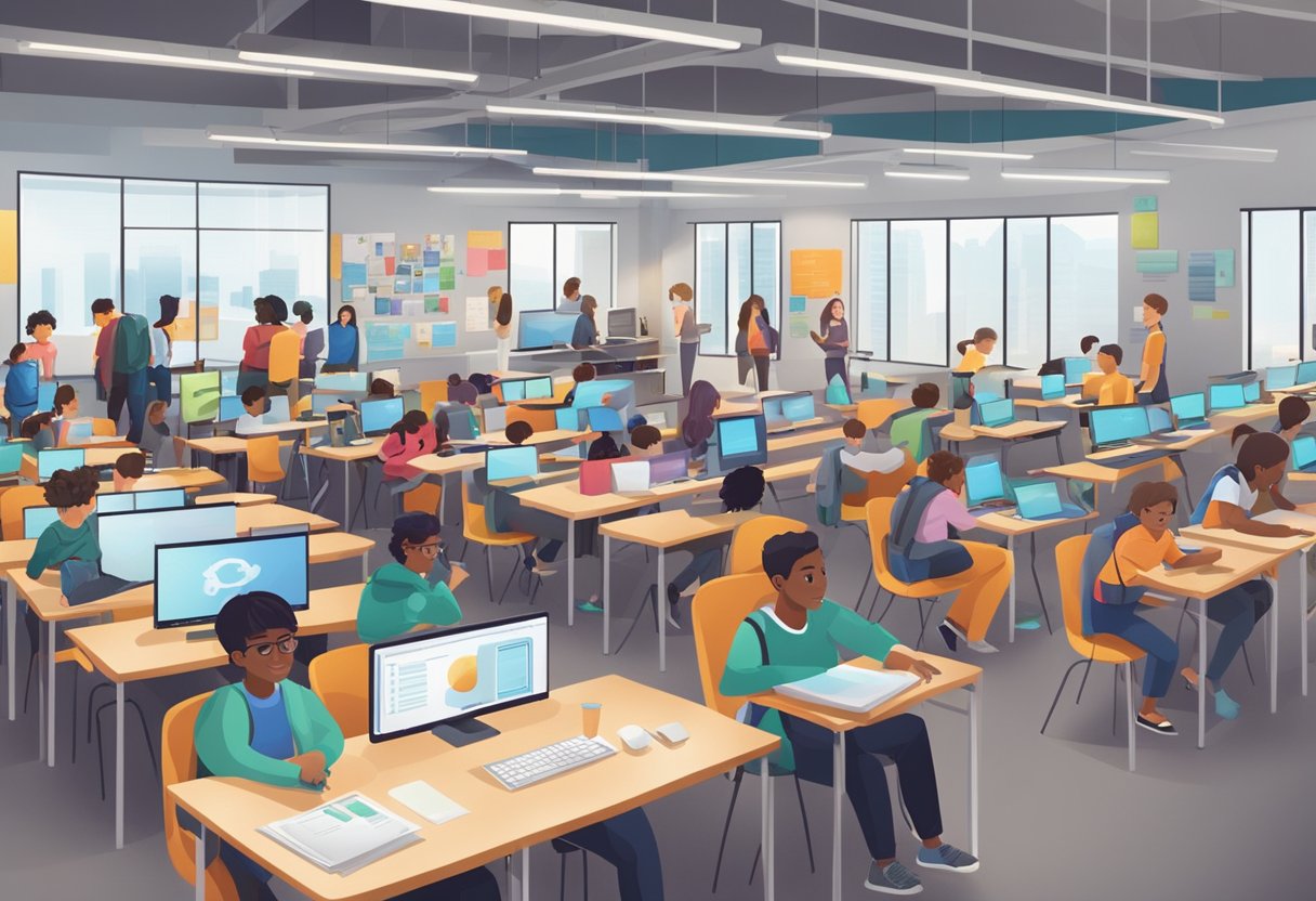 Case Studies: Successful AI Integration in Schools Worldwide AI Integration,schools LearningMole A bustling school environment with students interacting with AI technology in various settings, such as classrooms, libraries, and computer labs