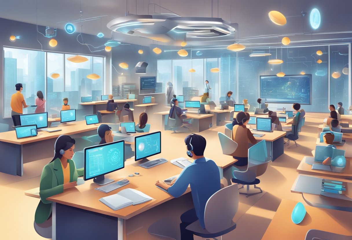 The Economic Impacts of AI in Education: Transforming Learning AI in Education,student LearningMole A futuristic classroom with AI-powered learning tools and interactive technology, surrounded by bustling business and industry