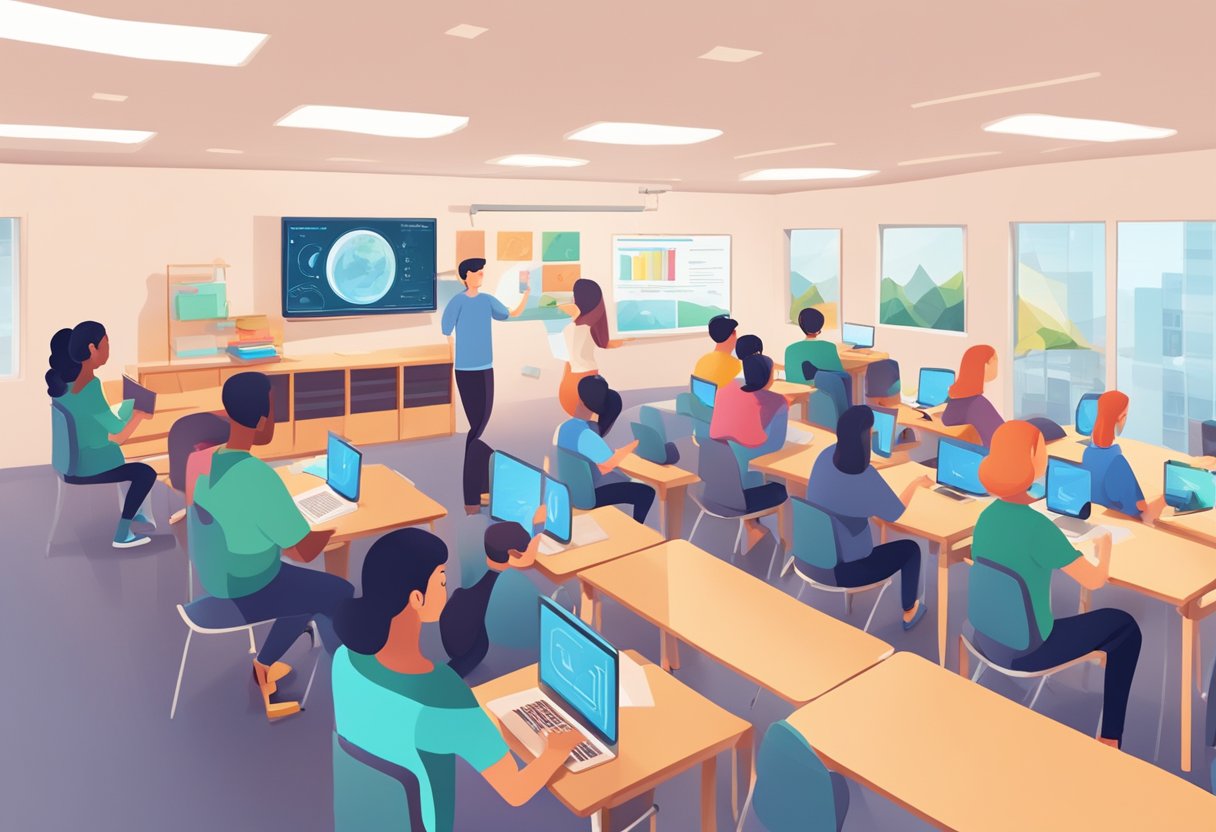 AI-Powered workforce: A classroom setting with students interacting with AI technology and learning tools