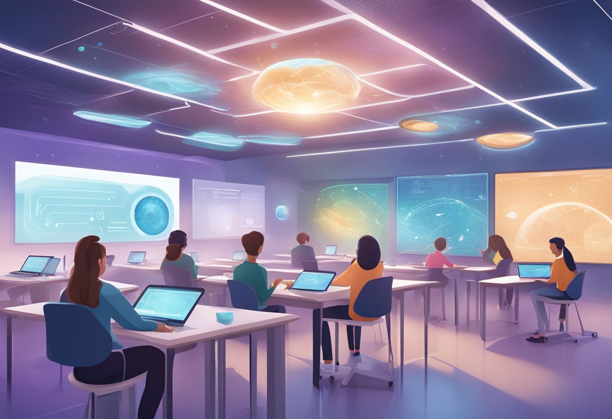 AI-Powered workforce: A futuristic classroom with AI-powered tools and interactive technology, students engaging in hands-on learning experiences