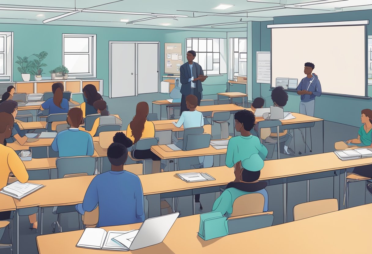 AI-Powered workforce: A classroom setting with students engaged in hands-on activities and discussions on AI ethics and workforce preparation