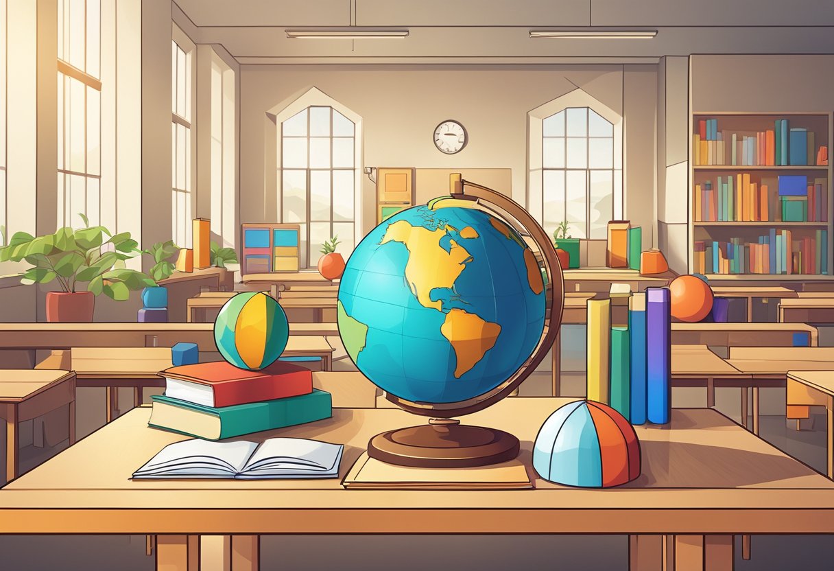 Comprehensive Guide to Geometry & Shapes for Primary Students: Making Maths Fun and Easy geometry,Shapes LearningMole geometry: A classroom with various geometric shapes and objects, such as a globe, pyramid, cube, and cylinder, arranged on a desk