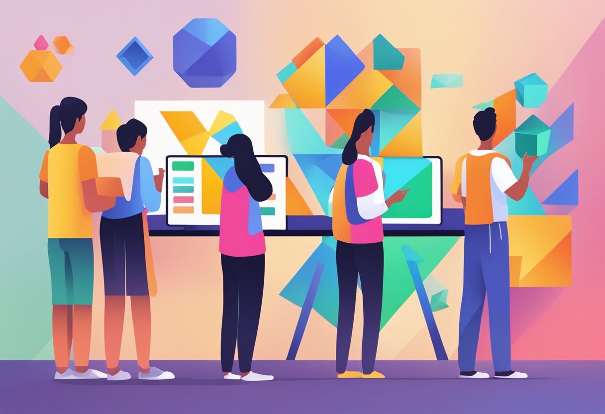 Interactive Geometry & Shapes Resources: Engaging Young Learners Geometry LearningMole Geometry: A group of young learners interact with colorful geometric shapes and patterns on a digital screen, engaging in gamified geometry practice