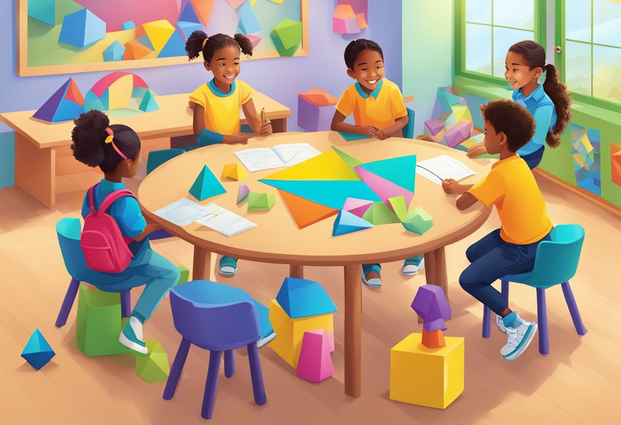 Interactive Geometry & Shapes Resources: Engaging Young Learners Geometry LearningMole Geometry: A group of young learners engage with interactive geometry and shapes resources in a colorful and vibrant classroom setting
