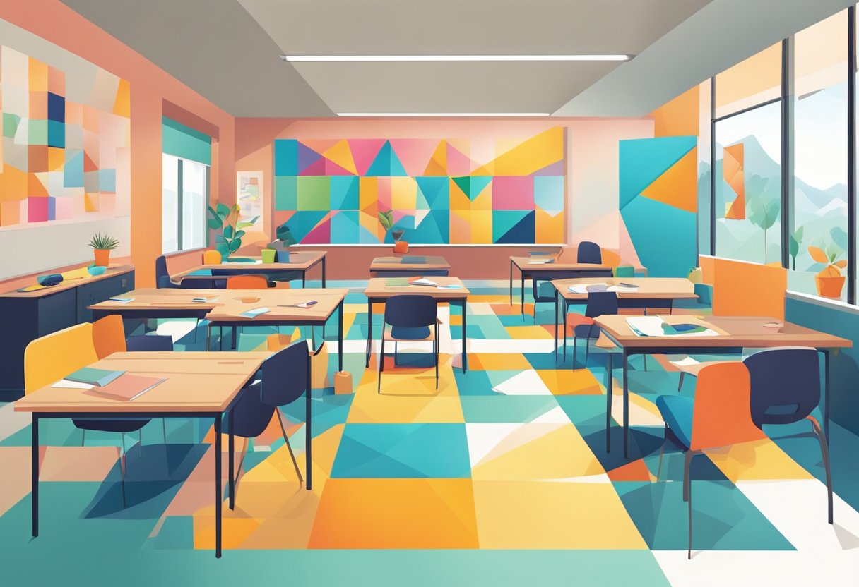 geometry: A classroom with students creating geometric art using various shapes and patterns. Bright colors and clean lines fill the space, reflecting the exploration of new trends in geometry education