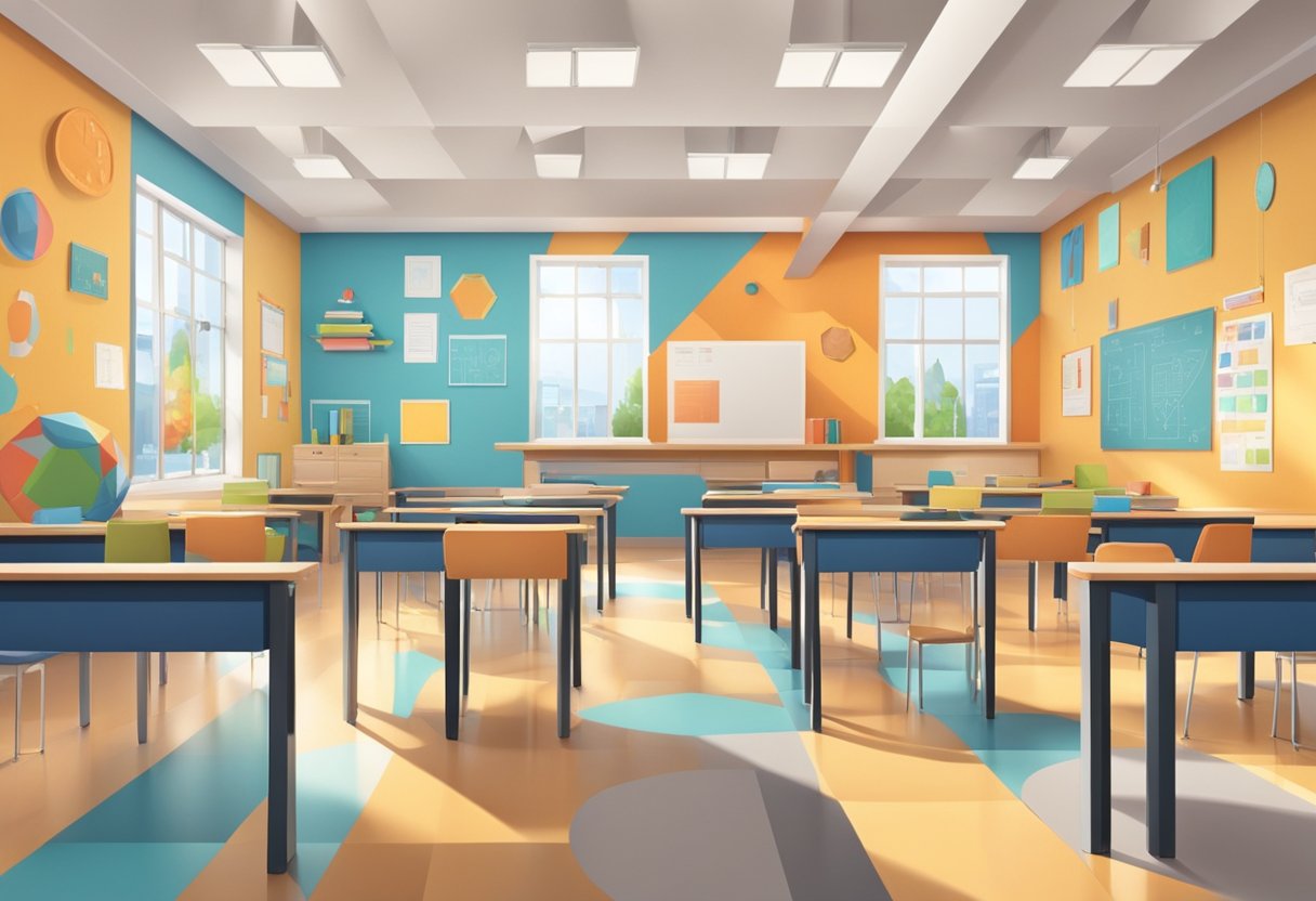 geometry: A modern classroom with geometric shapes and patterns on the walls, desks, and educational materials