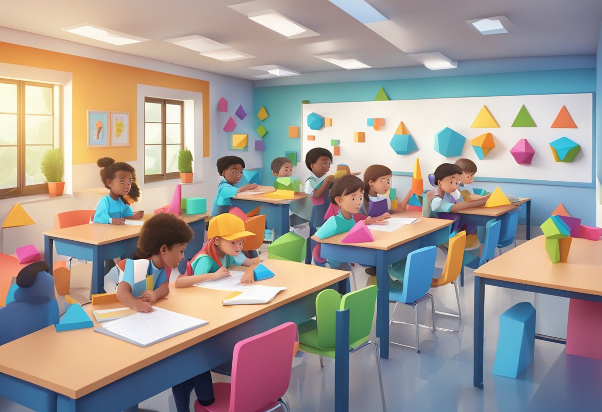 Top 10 Classroom Activities for Teaching Geometry & Shapes: Fun Ways to Engage Primary School Pupils Geometry LearningMole Geometry & Shapes: A classroom scene with students using various 3D shapes to build and explore geometric concepts