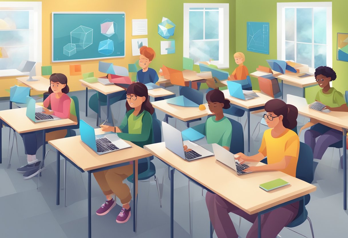 geometry: A classroom with students exploring geometric shapes using digital devices and interactive learning tools