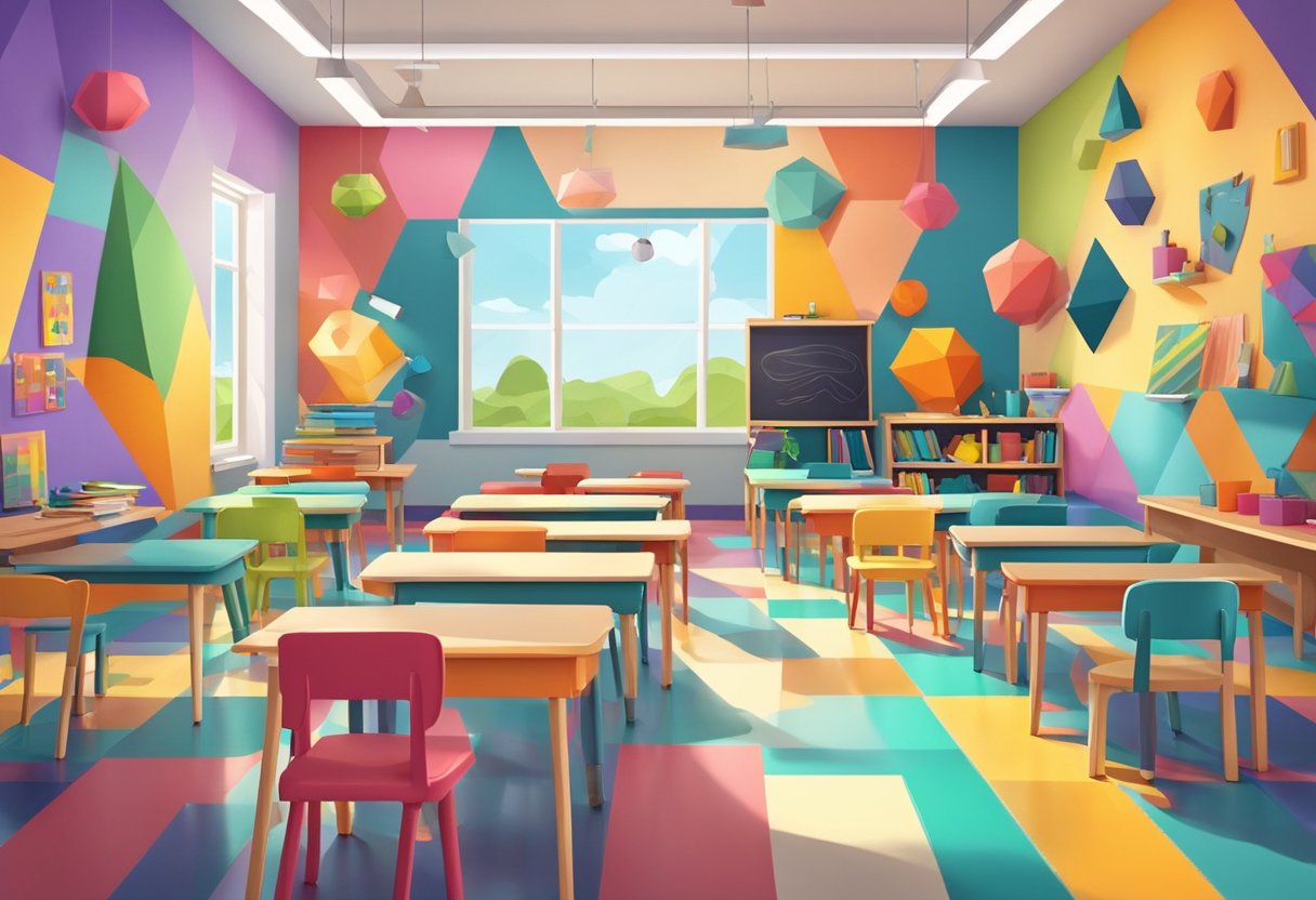 Top 10 Classroom Activities for Teaching Geometry & Shapes: Fun Ways to Engage Primary School Pupils Geometry LearningMole Geometry & Shapes: A colorful classroom with geometric shapes and patterns adorning the walls and decor. Various art supplies and shapes scattered on tables for creative exploration