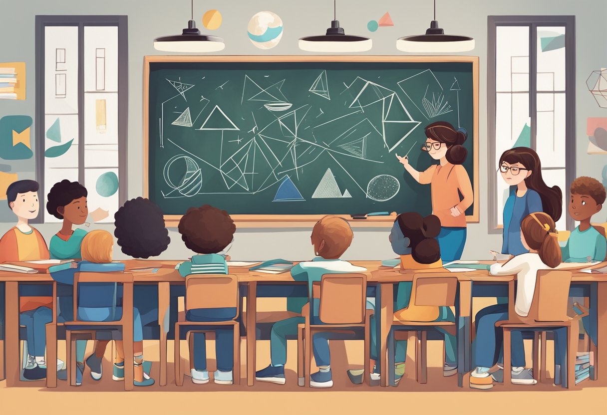 geometry: A group of diverse geometric shapes and patterns arranged on a chalkboard, surrounded by curious students and a teacher
