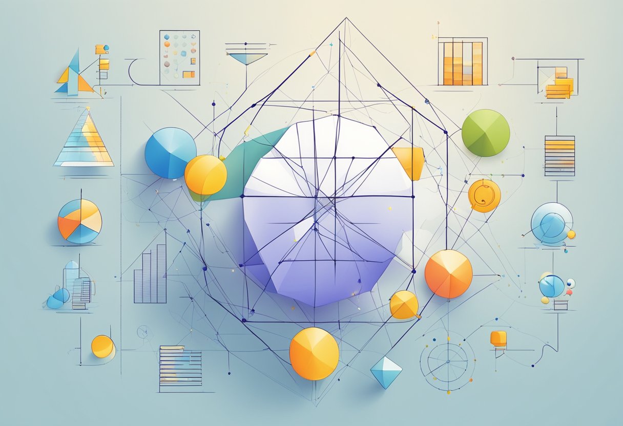 Geometry: A geometric shape surrounded by data charts and probability symbols