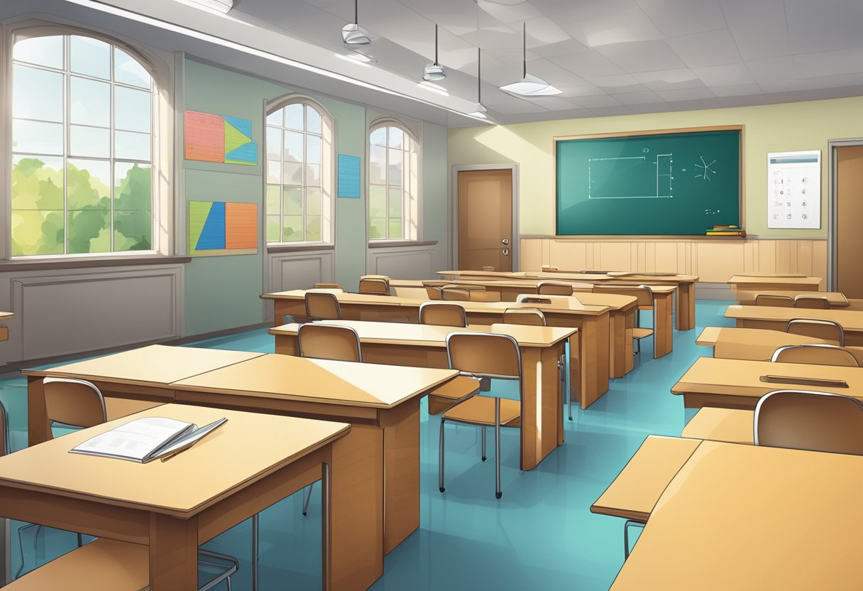 Geometry: A classroom setting with geometric shapes, rulers, protractors, and a progress tracking chart on the wall