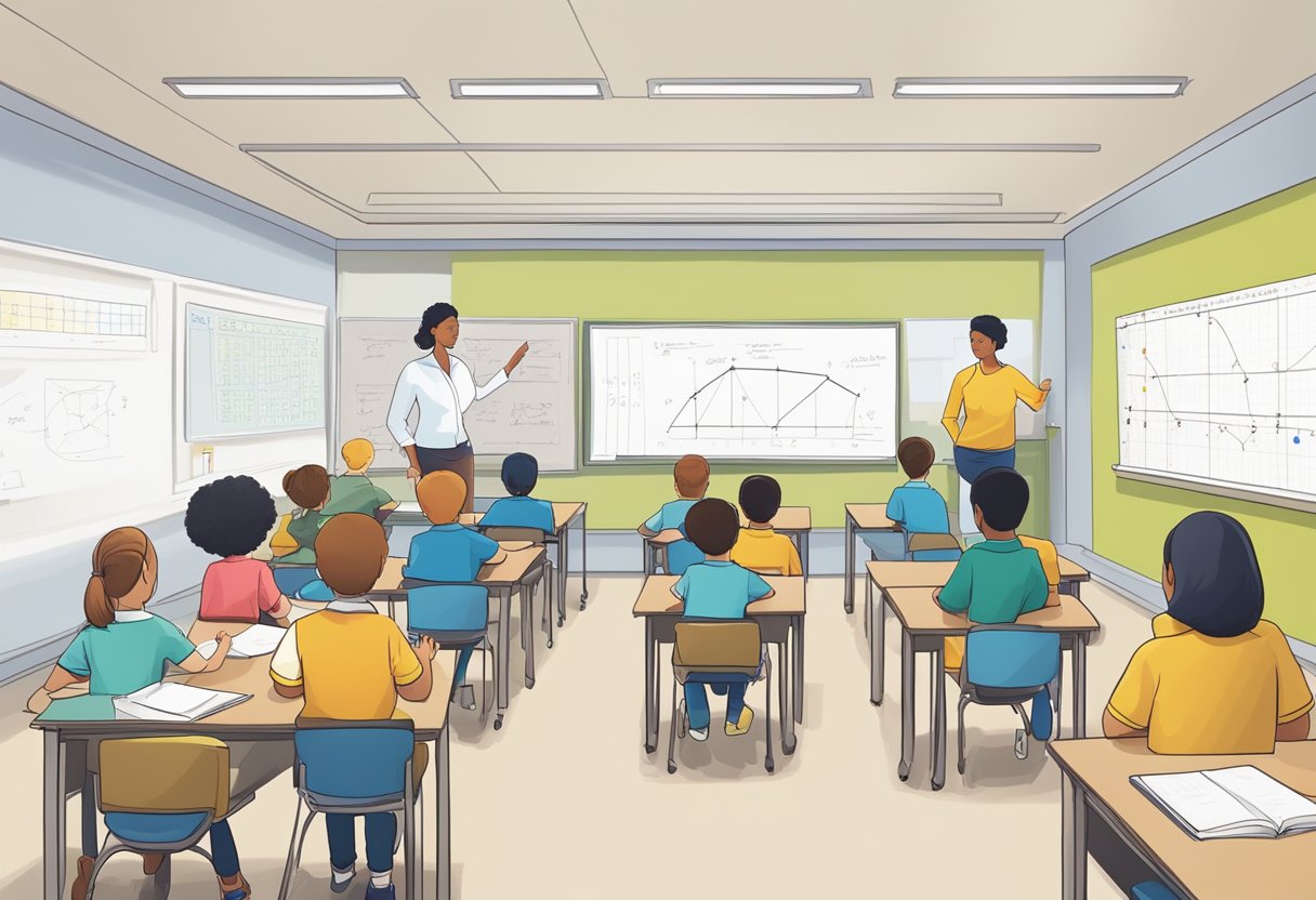 Geometry: A classroom with students working on geometry problems, while a teacher assesses progress and tracks data on a whiteboard
