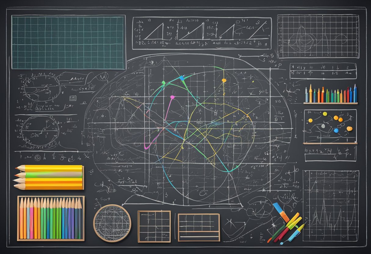 Advanced Numbers Techniques for Upper Primary Classes: Fun Strategies Numbers,Mathematics LearningMole Numbers: A chalkboard filled with complex mathematical equations and diagrams, surrounded by colorful mathematical manipulatives and tools