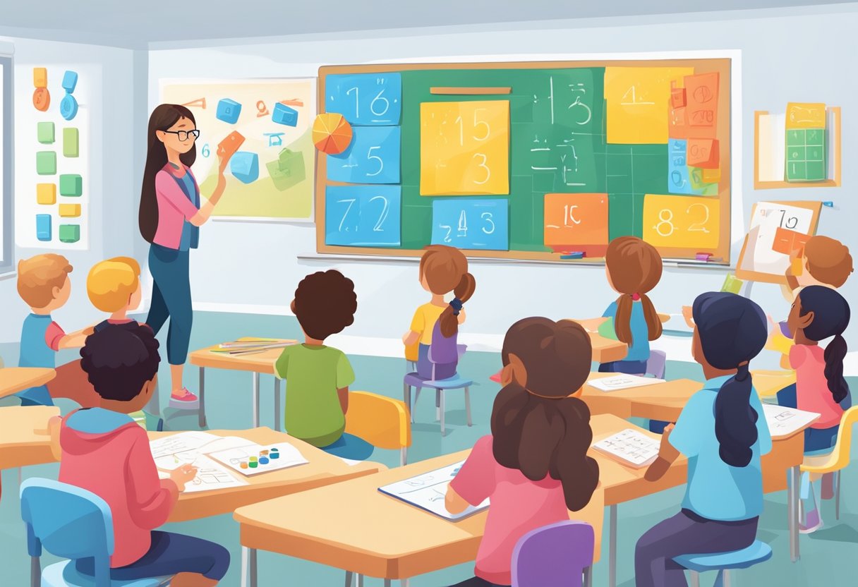 A classroom with colorful math manipulatives, a whiteboard with numbers, and students engaged in hands-on activities