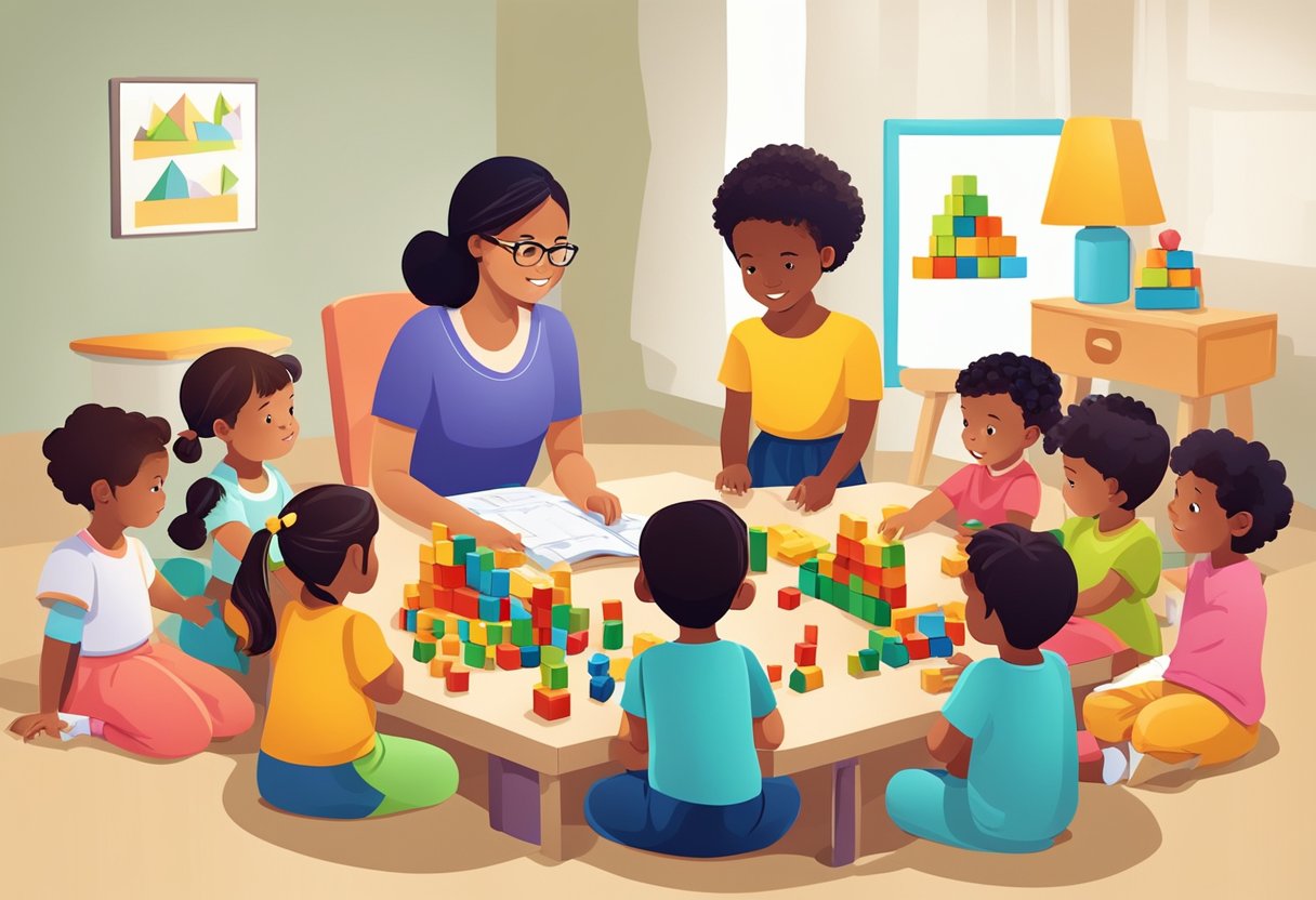 Numbers: A group of young children are gathered around a teacher, using blocks and toys to learn about counting and basic math concepts