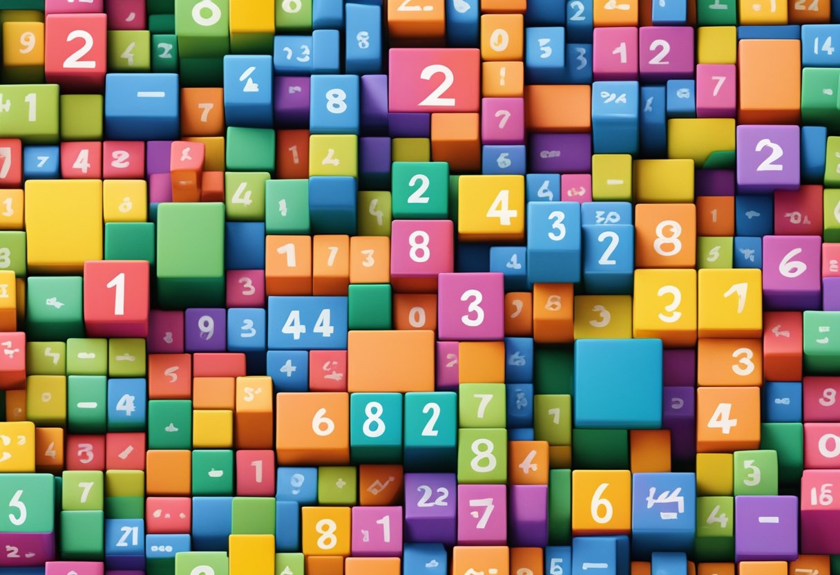 A group of colorful blocks arranged in a pattern, with numbers and symbols written next to them, representing real-life applications of numbers in primary education
