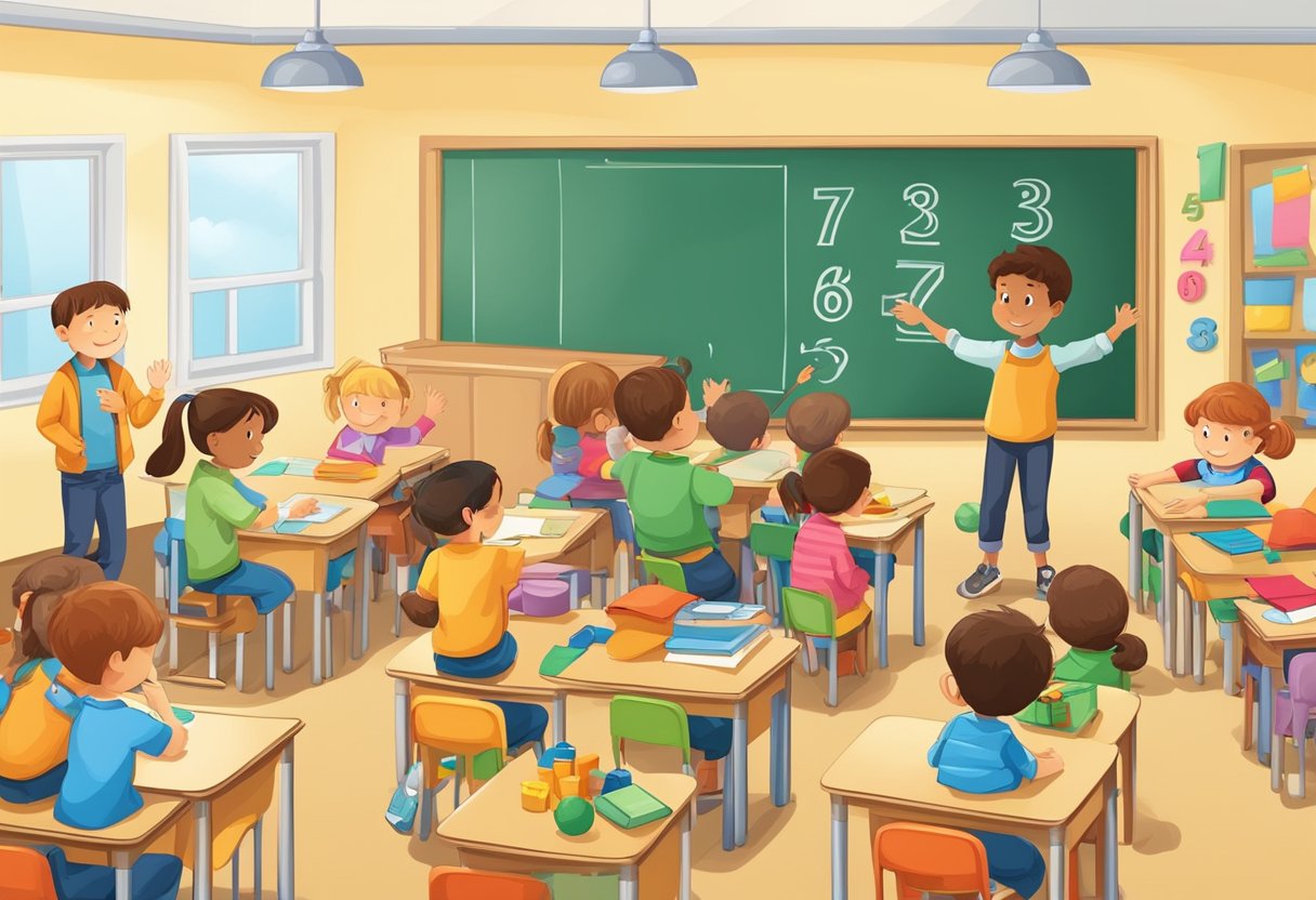 A classroom with children using numbers in real-life scenarios like counting objects, measuring, and solving simple math problems