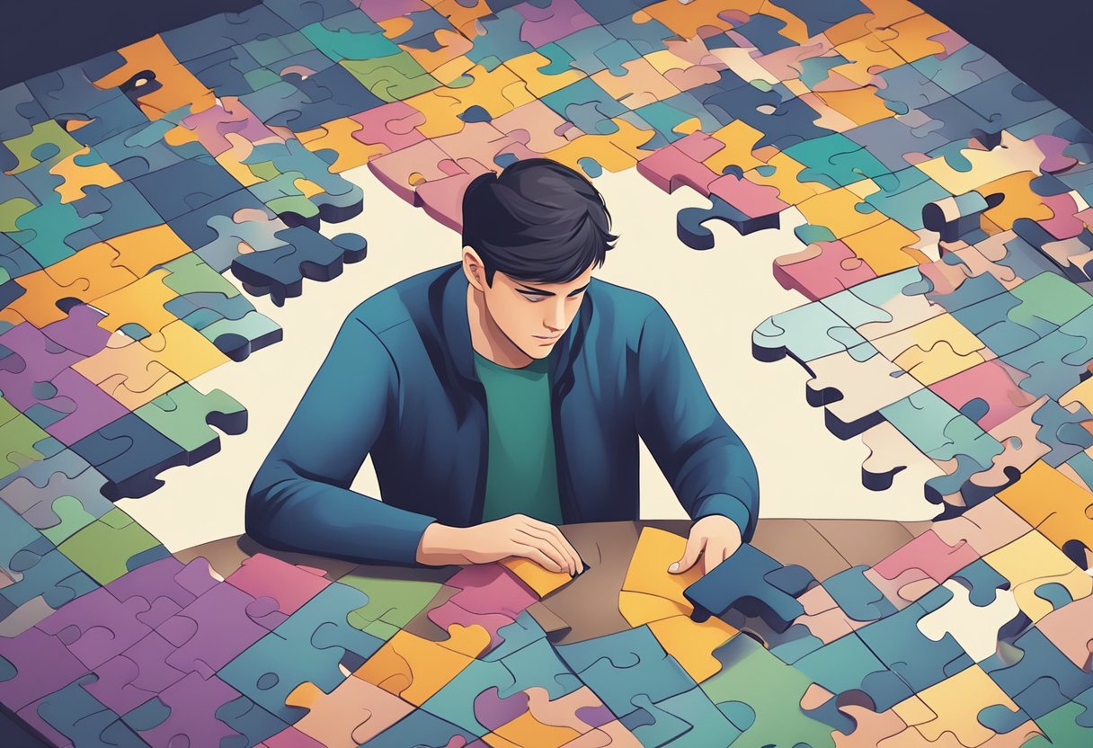 Puzzles & Games Common Mistakes: Friendly Tips for Smoother Play puzzles LearningMole A person solving a puzzle, surrounded by various puzzle pieces and game boards, with a look of concentration and determination on their face