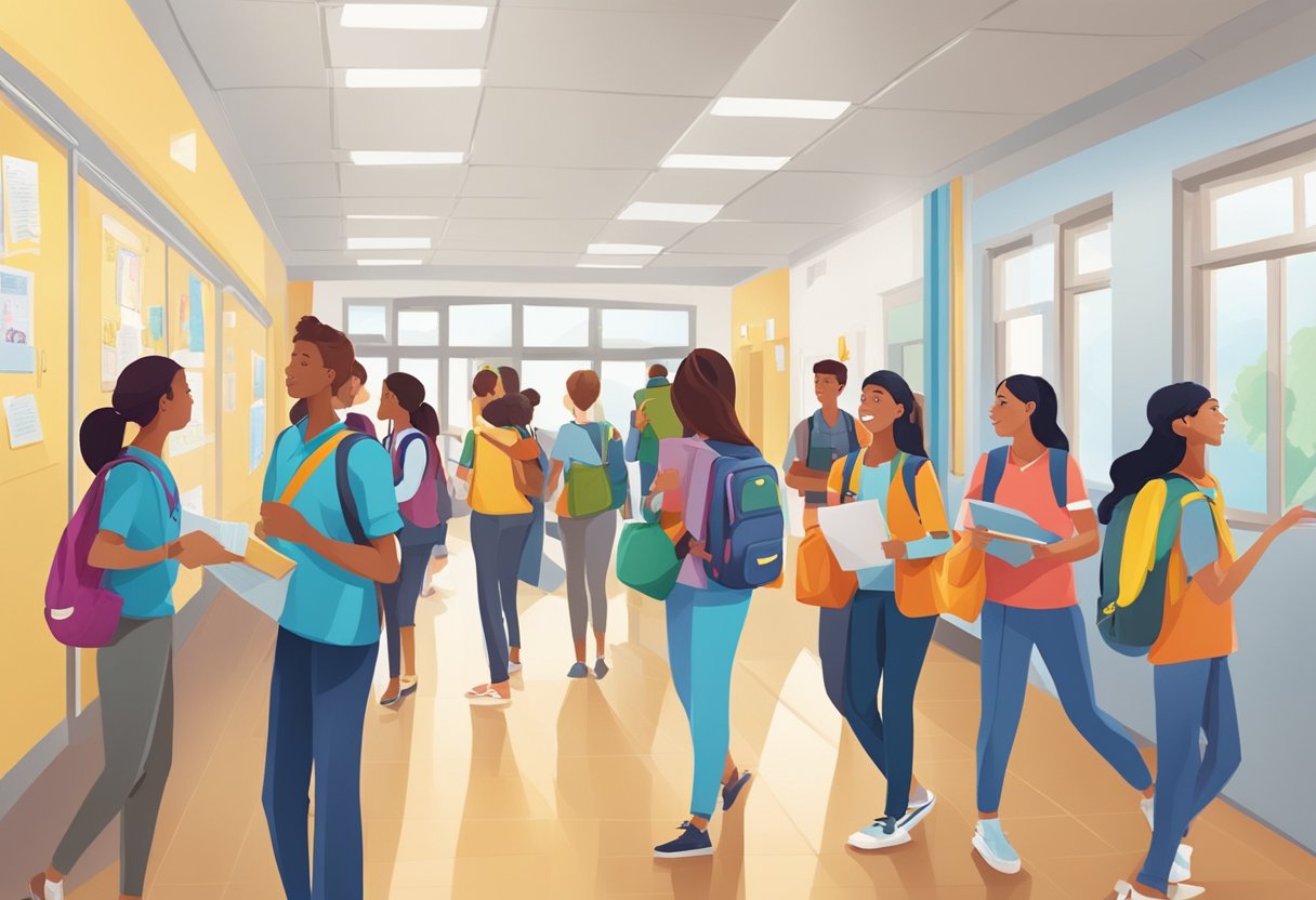 A bustling school hallway with students engaged in group activities and teachers facilitating problem-solving projects in various classrooms