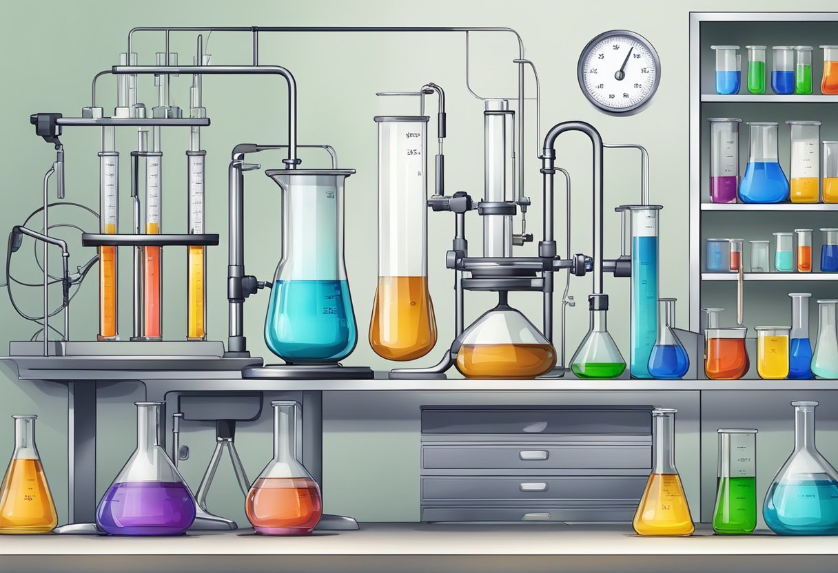 A chemistry laboratory with various equipment and tools for assessment and progress tracking, including beakers, test tubes, and a digital scale
