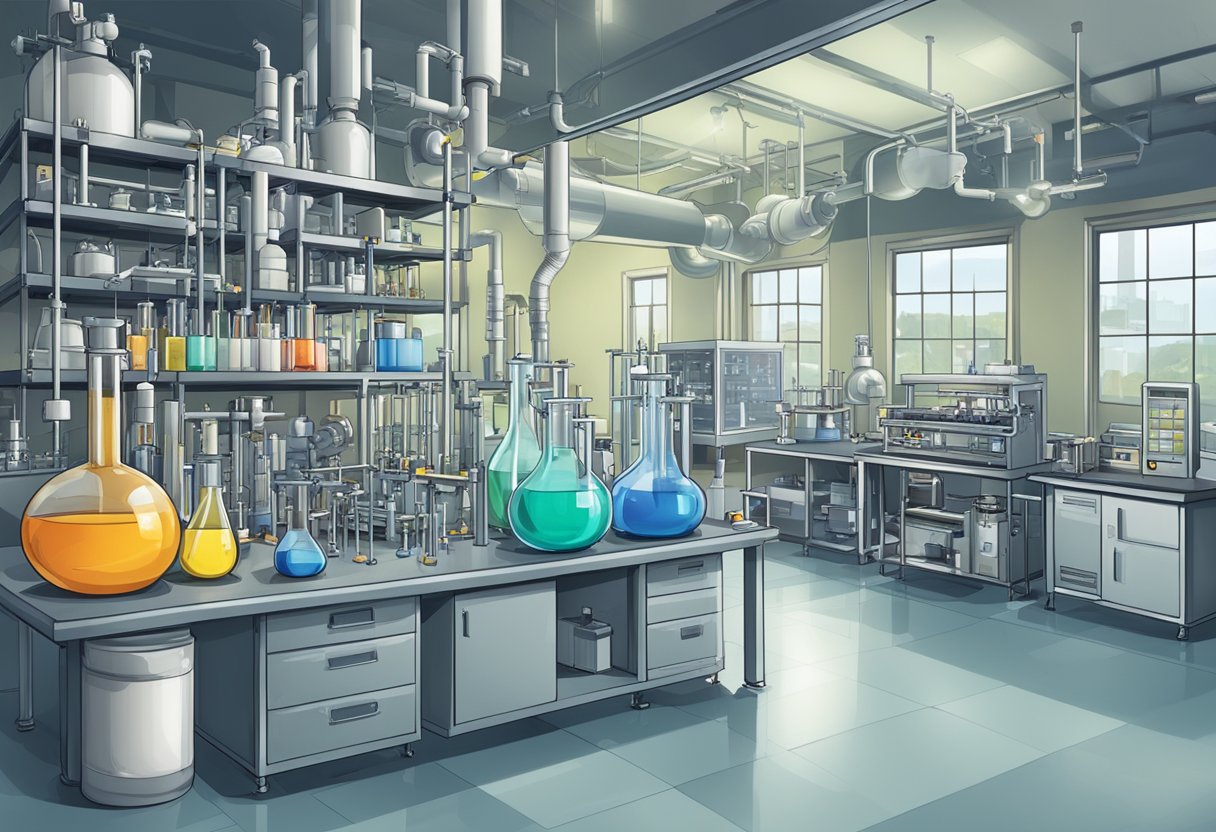 A laboratory setting with various chemical compounds, equipment, and industrial machinery in the background