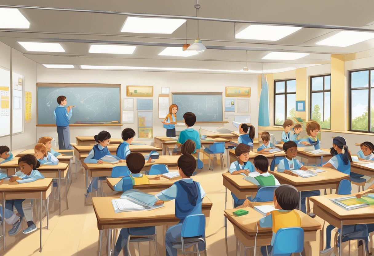 Advanced Physics: An upper primary classroom with students engaged in hands-on physics experiments using advanced techniques and equipment