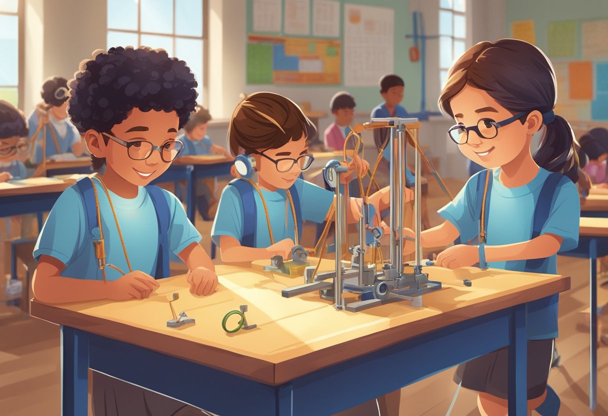Advanced Physics: A group of upper primary students conducting hands-on experiments with pulleys, levers, and inclined planes in a brightly lit classroom