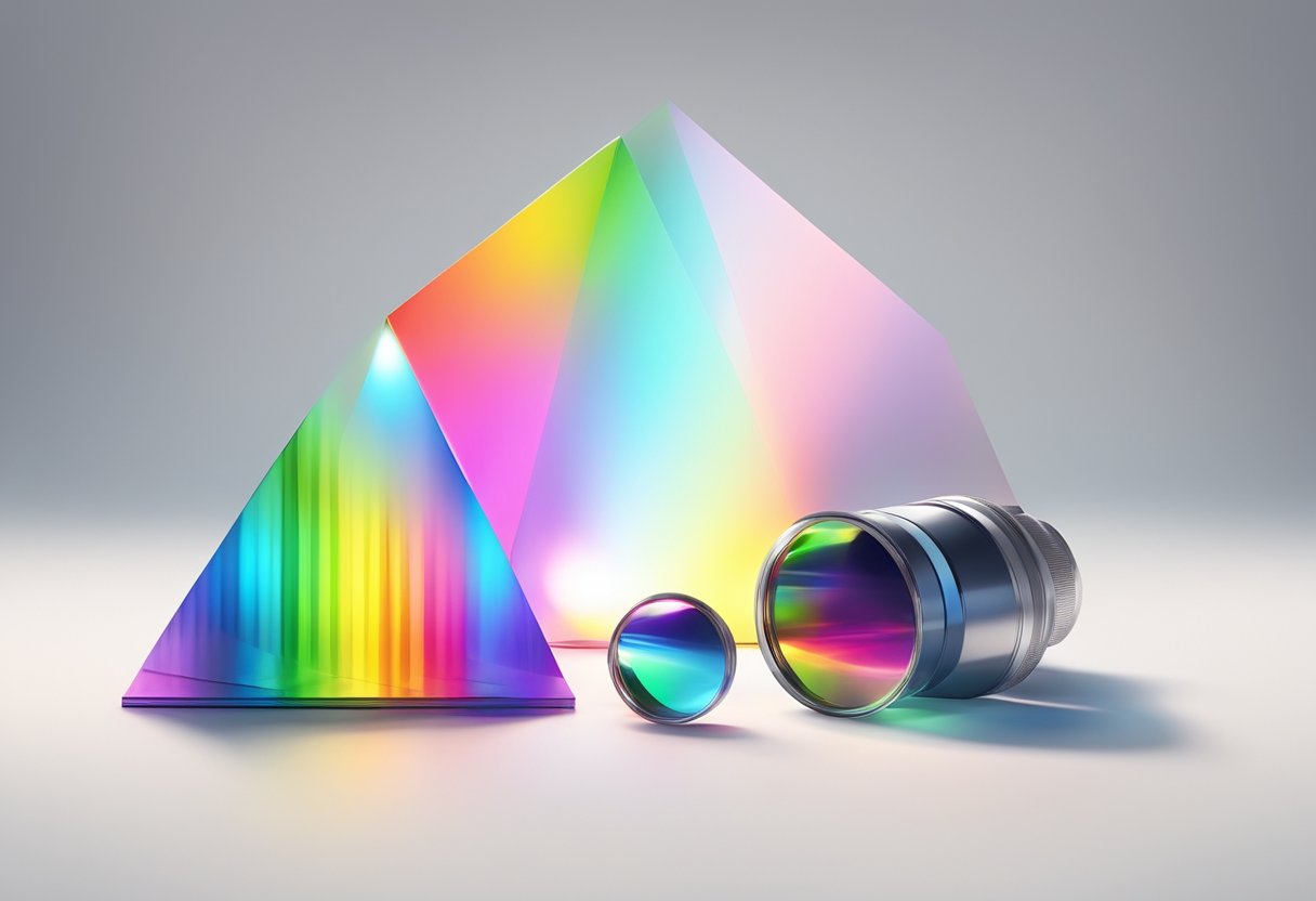 Advanced Physics: A colorful prism dispersing light into a spectrum on a white surface, surrounded by various lenses, mirrors, and other optical equipment
