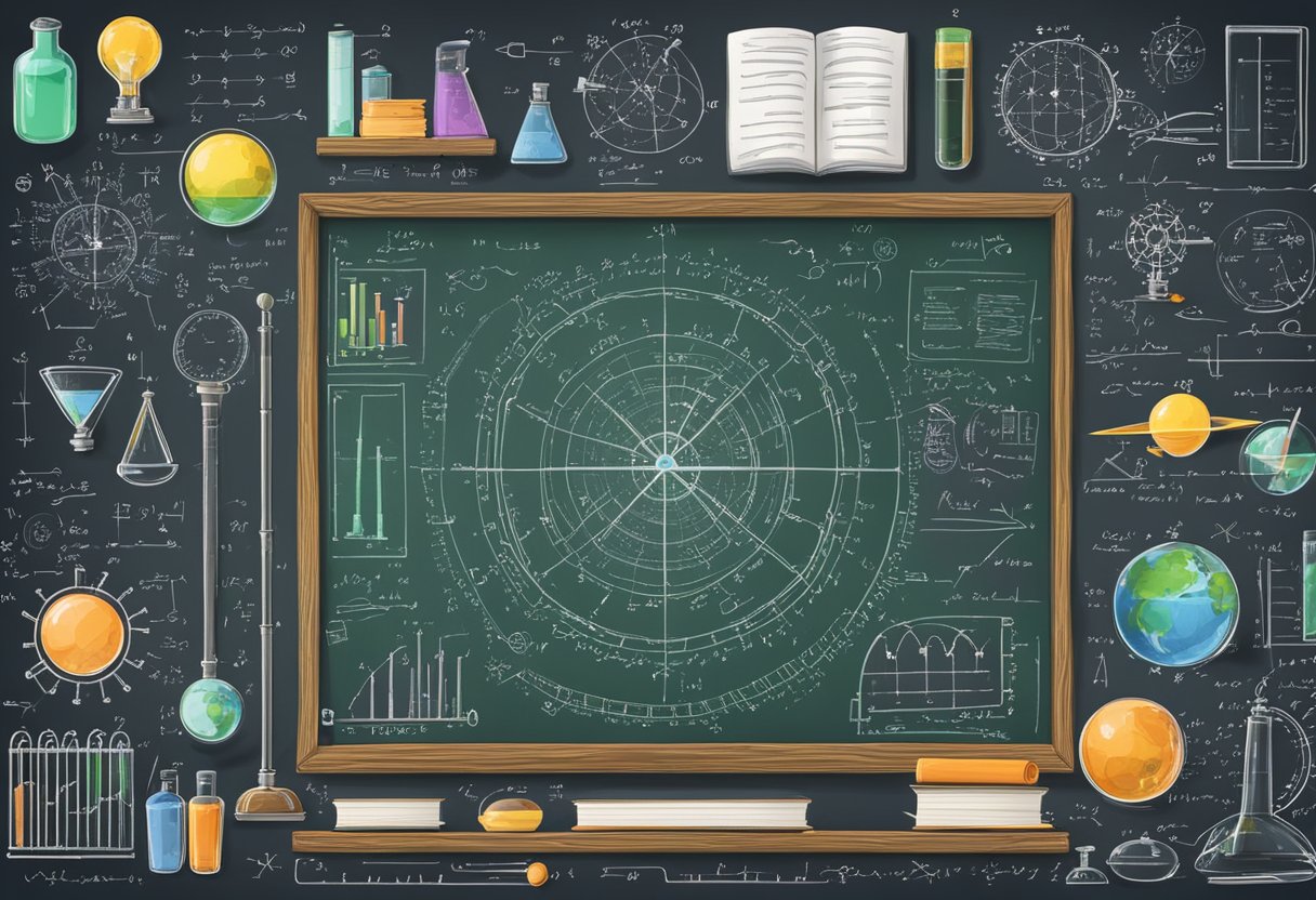 Advanced Physics: A chalkboard filled with equations and diagrams, surrounded by scientific instruments and textbooks