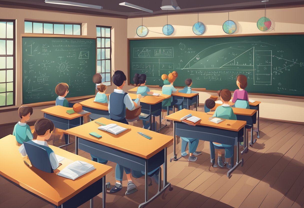 Advanced Physics: A classroom with mathematical equations and physics diagrams on the chalkboard, books and tools on the desk, and students engaged in hands-on experiments