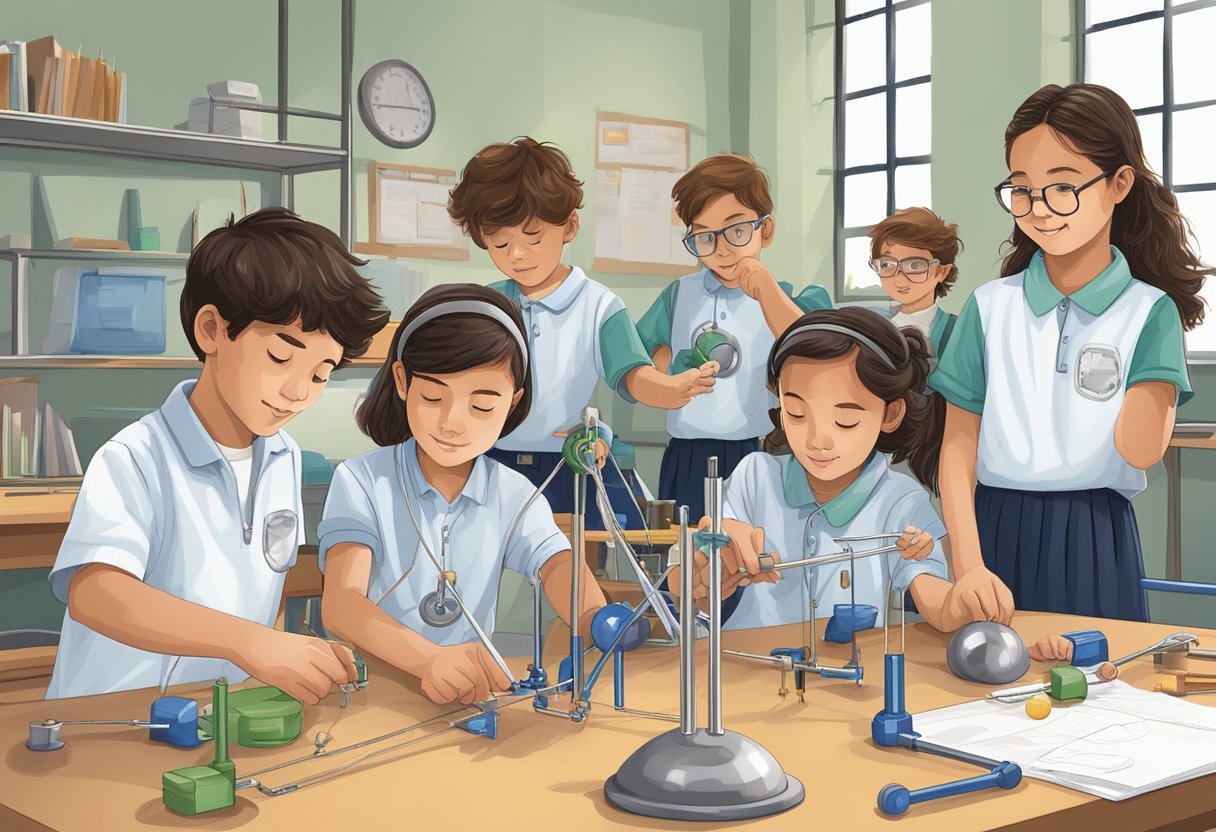 Advanced Physics: A group of upper primary students conducting hands-on experiments with various physics principles, using equipment such as pendulums, inclined planes, and magnets