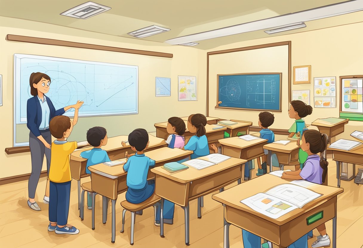 Advanced Physics: A classroom with a teacher demonstrating advanced physics concepts using interactive experiments and visual aids for upper primary students