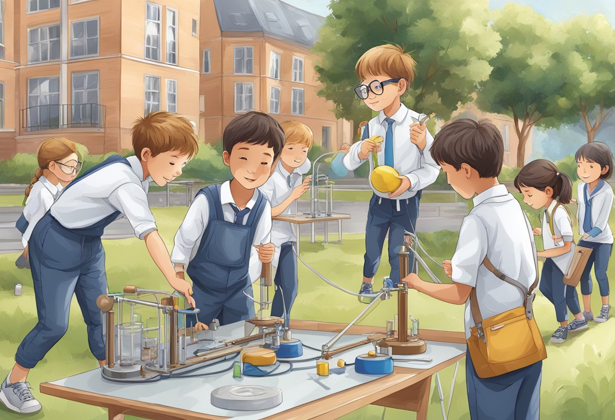 Advanced Physics: A group of upper primary students conducting hands-on physics experiments outdoors