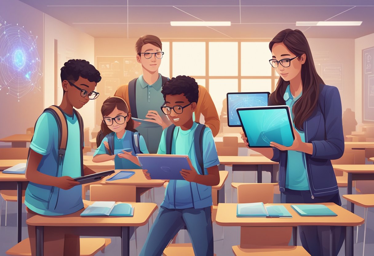 A group of young students interact with digital physics simulations on tablets, while a teacher guides them through the interactive learning experience