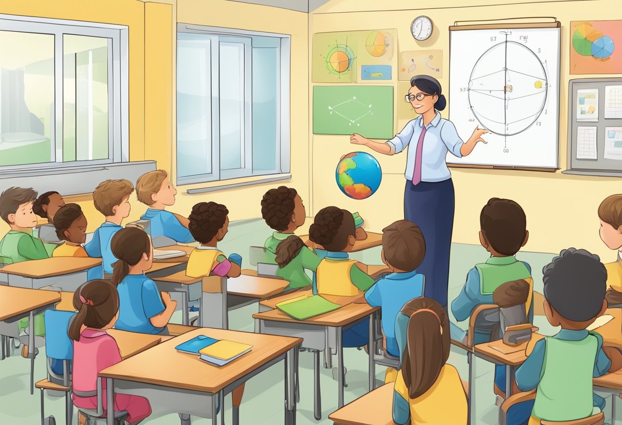 Advanced Physics: A classroom setting with a teacher demonstrating advanced physics techniques to upper primary students using visual aids and interactive experiments