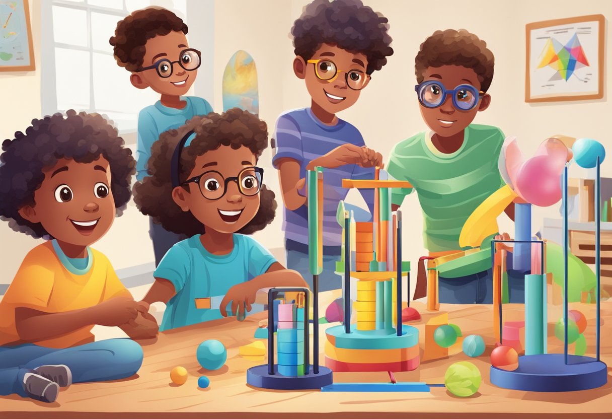 A group of children interact with colorful physics resources, exploring and learning in an engaging and hands-on manner