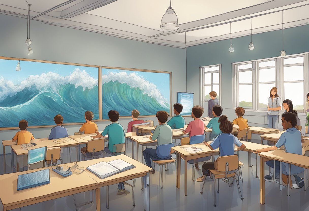 A classroom with students conducting experiments with various materials to demonstrate the properties and behaviors of waves in physics