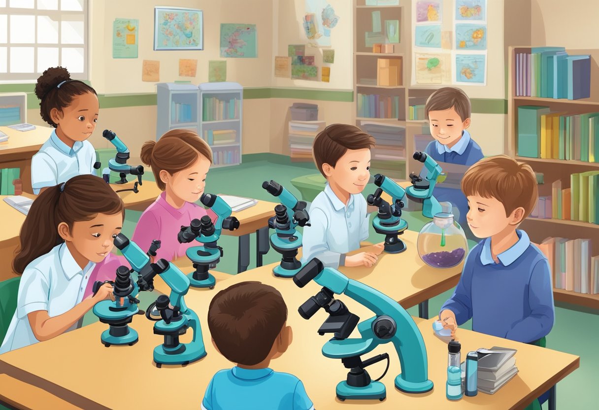 Real-Life Applications of Biology in Primary Education Applications of Biology,biology LearningMole A classroom with young students using microscopes to observe brain and cell models, while a teacher explains real-life applications of biology in primary education