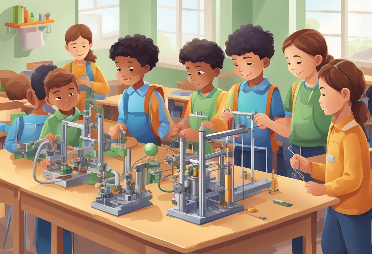 Physics in Primary Education: Everyday Applications Physics in Primary Education,Education,Applications LearningMole A group of young students engaged in hands-on experiments with simple machines and building projects, applying physics concepts in a primary school classroom