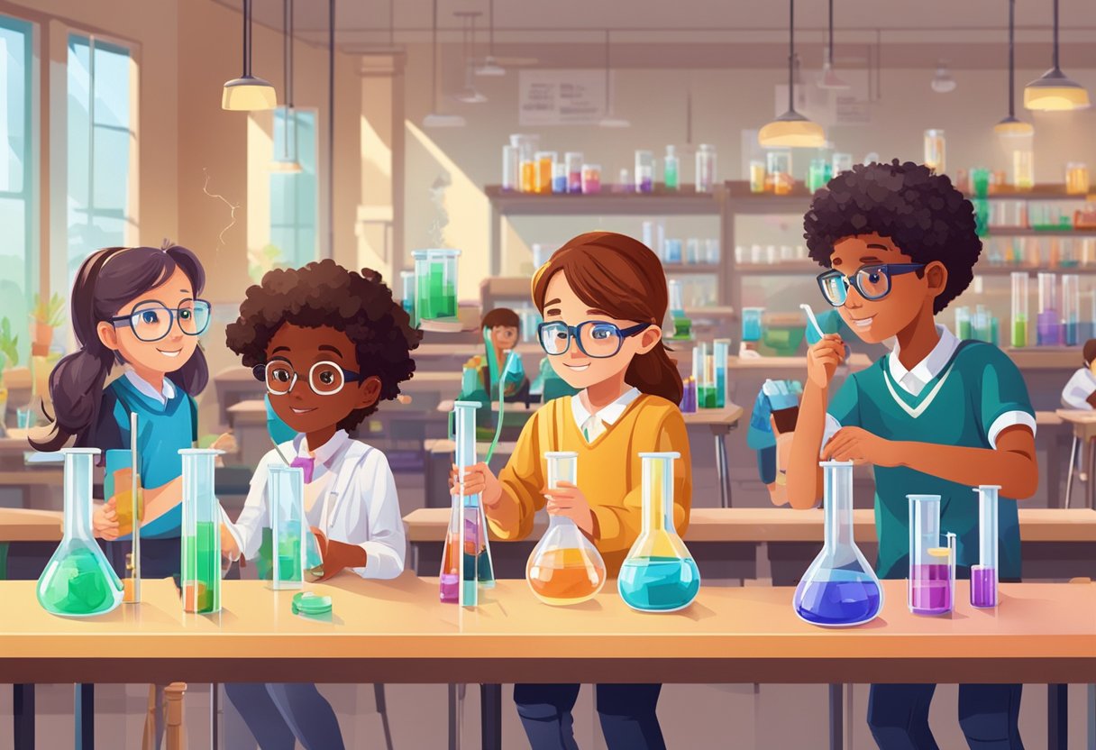 Real-Life Applications of Biology in Primary Education Applications of Biology,biology LearningMole A group of young students conducting experiments with beakers, test tubes, and various biological specimens in a brightly lit classroom