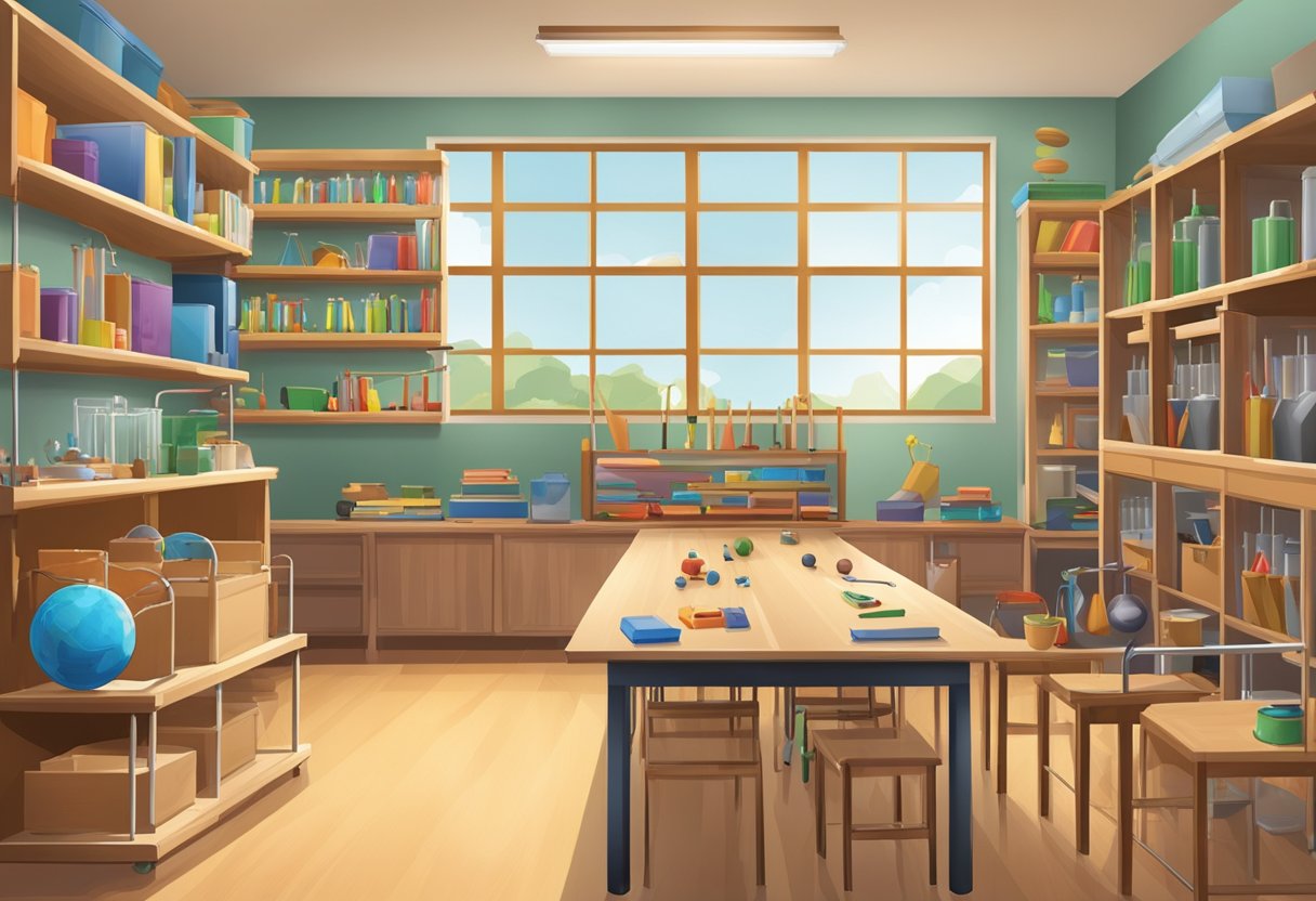 A classroom setting with various objects and tools used for hands-on physics activities, such as ramps, pendulums, and magnets, arranged on tables and shelves