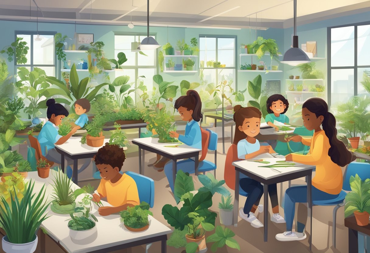 Real-Life Applications of Biology in Primary Education Applications of Biology,biology LearningMole A classroom with young students engaged in hands-on biology experiments, surrounded by plants, animals, and scientific tools