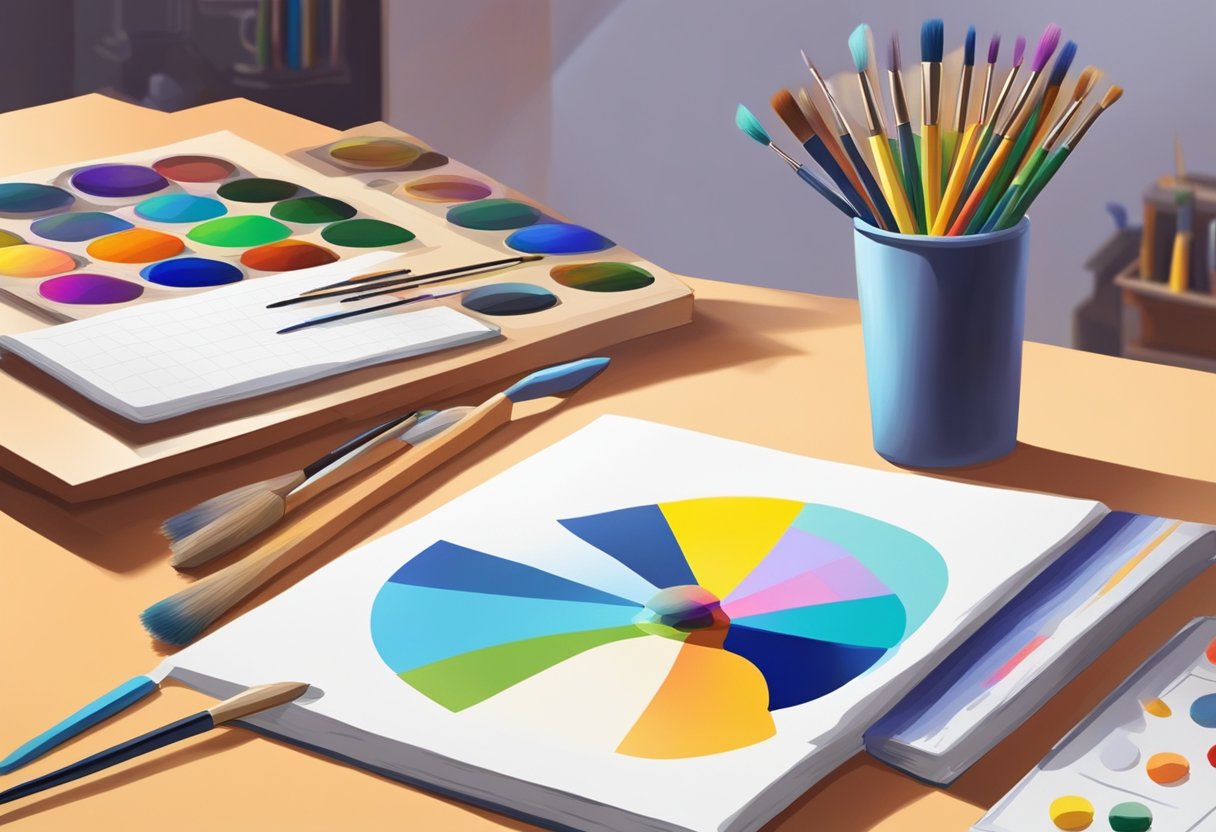 A colorful art studio with paintbrushes, a canvas, and a physics textbook open to a page on light and color theory