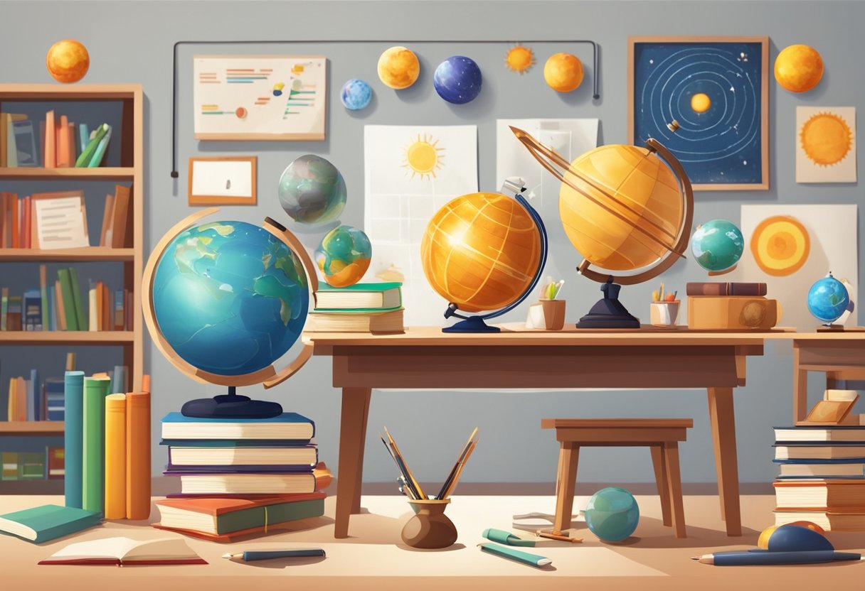 A classroom with books, a globe, and a model of the solar system. A physics experiment set up on a desk with various objects and measuring tools