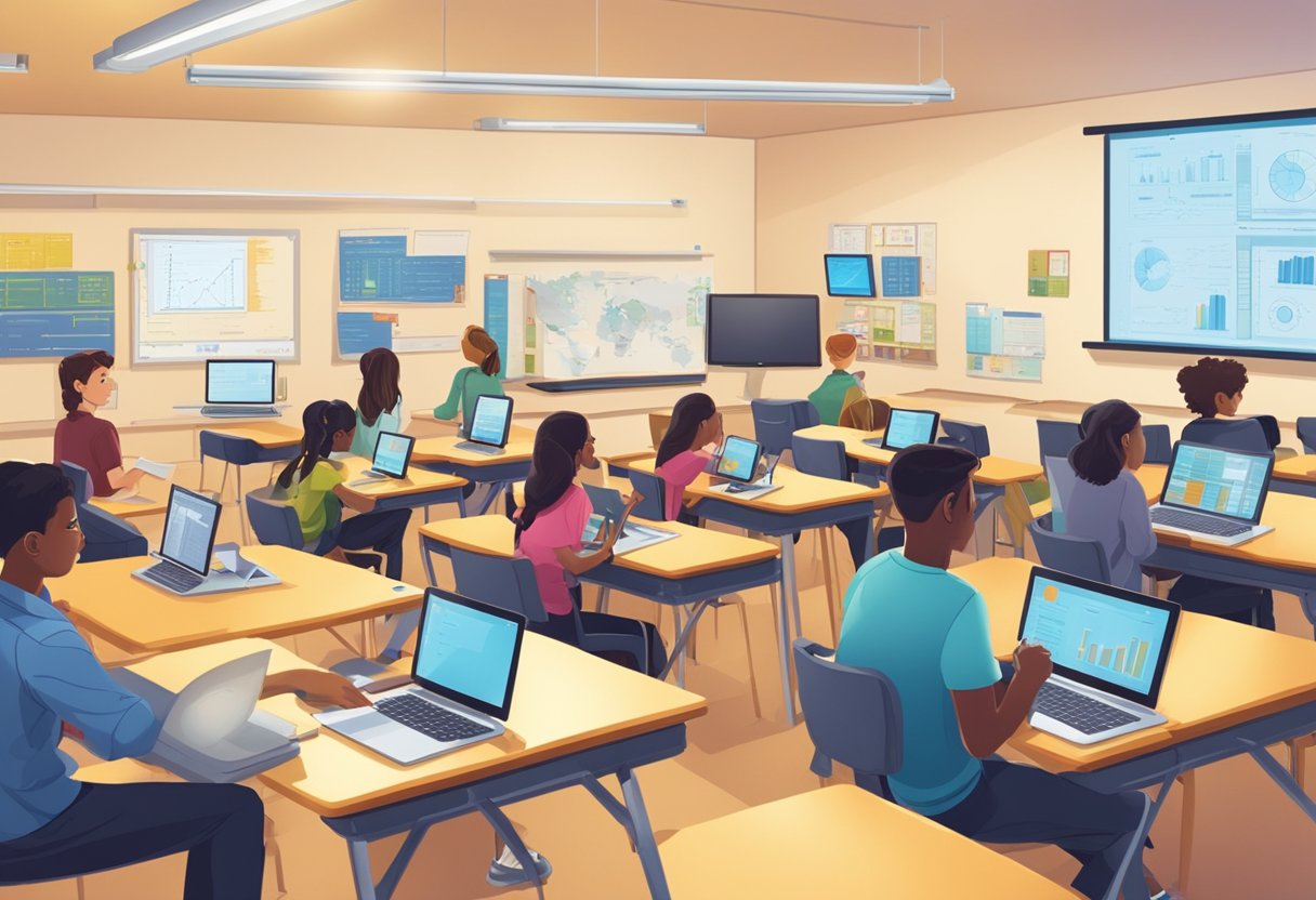 Assessment and Progress Tracking in Physics: Monitoring Student Learning Progress Tracking in Physics,assessment LearningMole A classroom setting with students using tablets and computers to engage in interactive physics simulations and assessments. Graphs and charts display student progress and performance