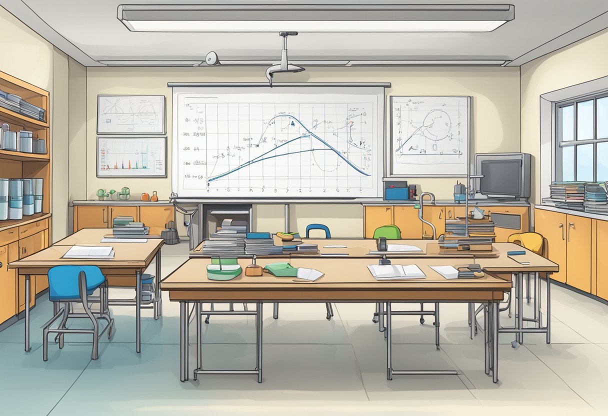 A physics experiment set up in a classroom, with various equipment and materials arranged on a lab table. A whiteboard in the background displays equations and diagrams